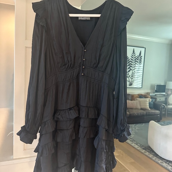By Anthropologie Tiered Ruffled Mini Dress black Long Sleeve XL Satin $160 - Picture 5 of 10